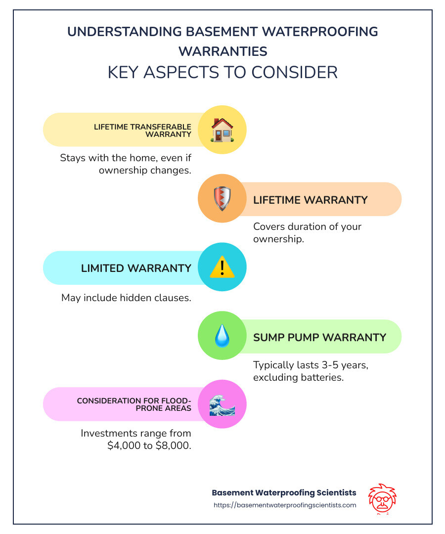 Basement Waterproofing Lifetime Warranty Details - basement waterproofing lifetime warranty infographic infographic-line-5-steps-colors