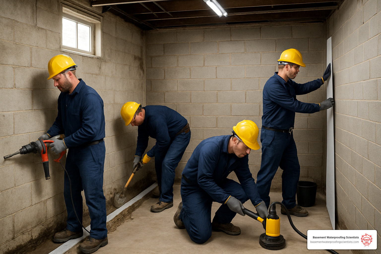 professional basement waterproofing team at work - basement waterproofing delaware county pa