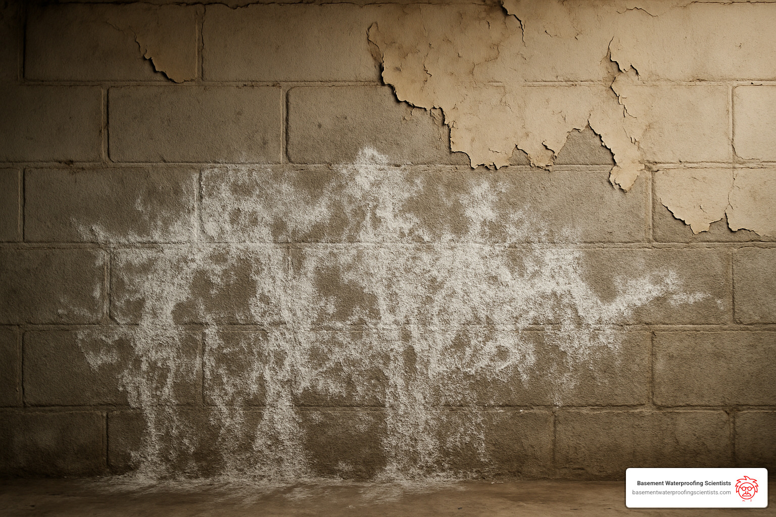 basement wall with efflorescence and peeling paint - basement waterproofing delaware county pa