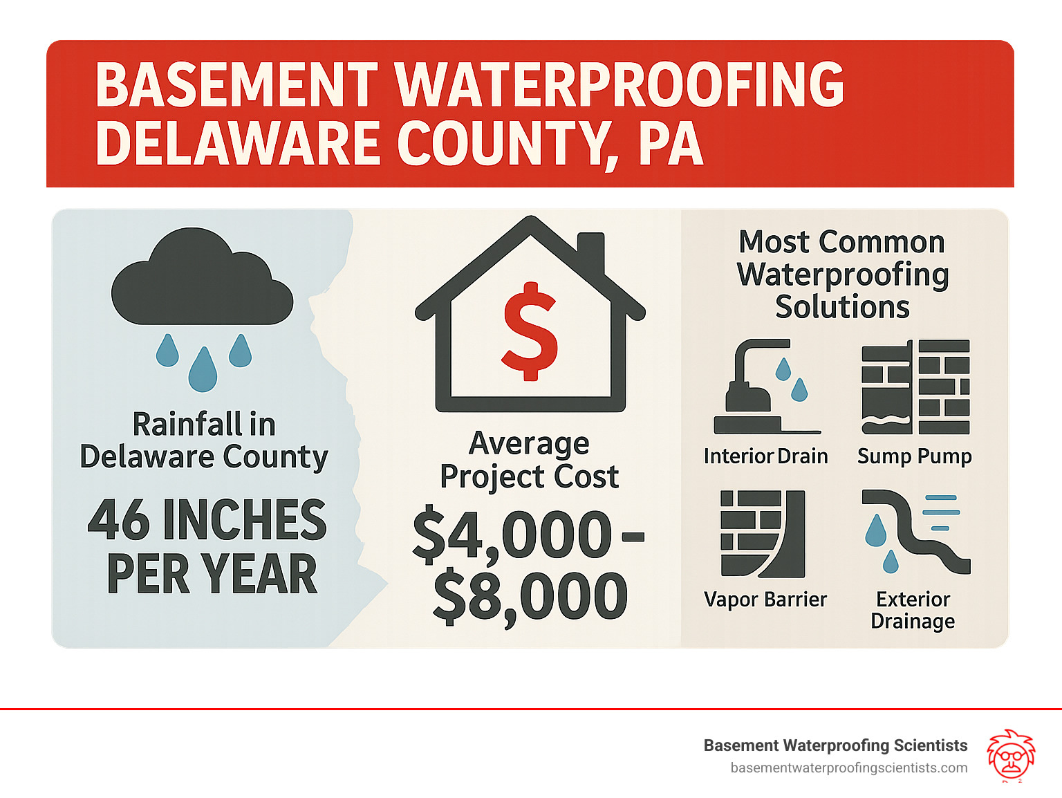 Infographic comparing Delaware County rainfall, average waterproofing project cost, and most common waterproofing solutions - basement waterproofing delaware county pa infographic 