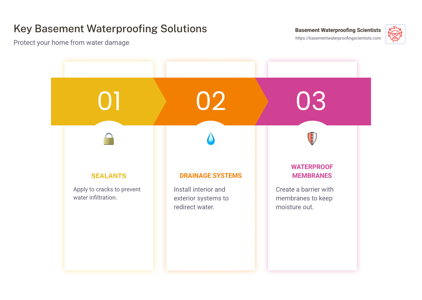 Infographic explaining key basement waterproofing solutions like sealants, drainage systems, and waterproof membranes, with a simple flowchart and bullet points for each solution type, showing application areas and potential benefits like mold prevention and increased home value - basement waterproofing solutions infographic pillar-3-steps