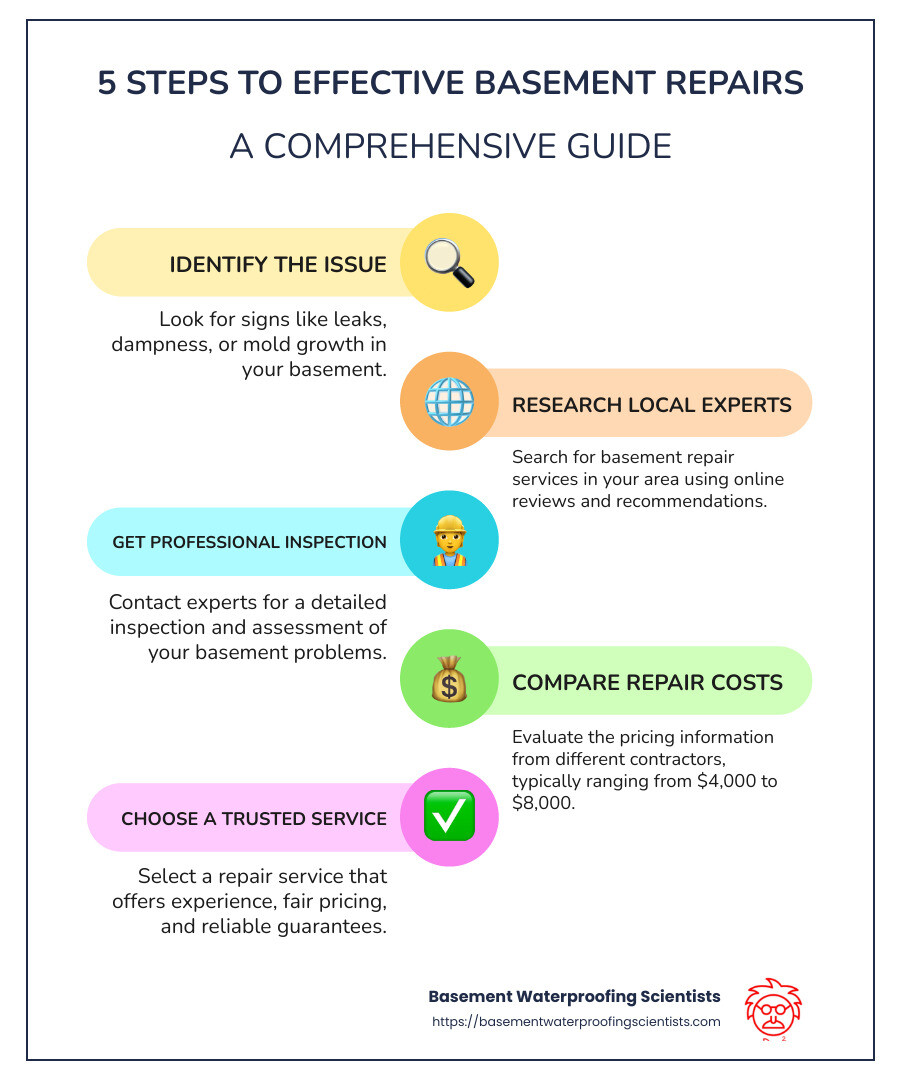 local basement repair cost infographic - basement repairs near me infographic infographic-line-5-steps-colors