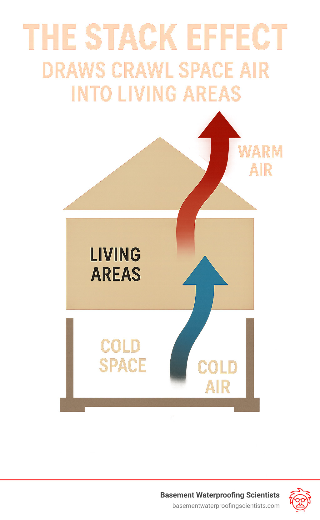 Infographic showing how the stack effect draws crawl space air into living areas - basement waterproofing delaware county pa infographic 
