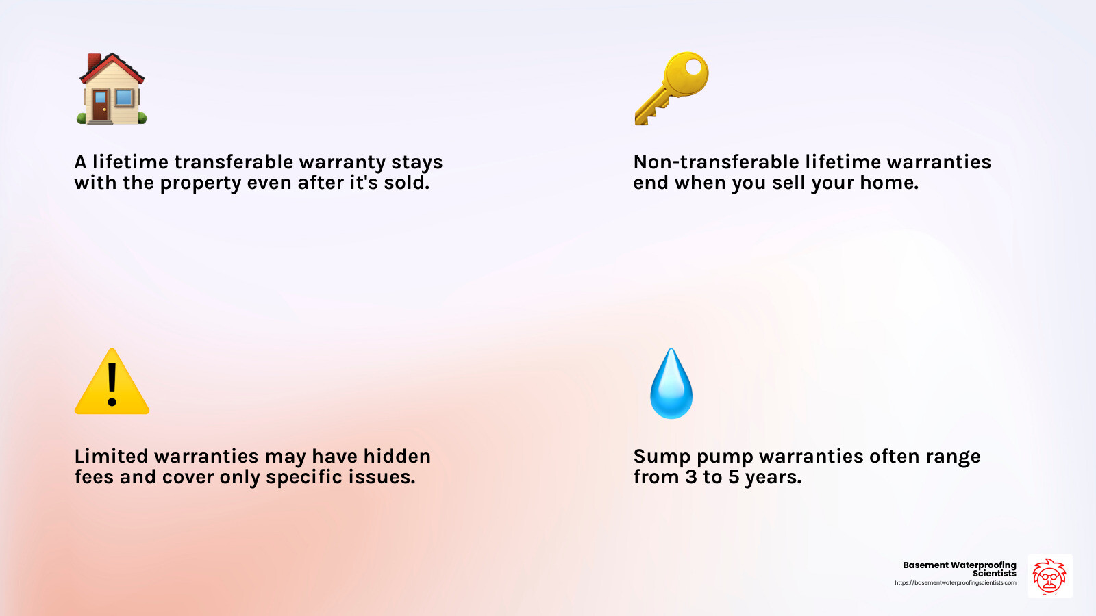 Understanding Basement Waterproofing Warranties - basement waterproofing lifetime warranty infographic 4_facts_emoji_light-gradient