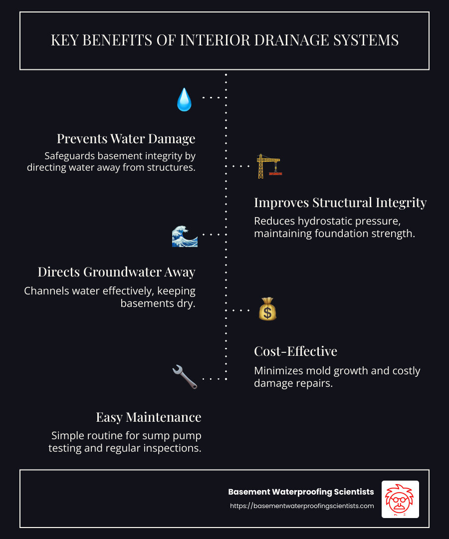 Key Benefits of Interior Drainage Systems: Prevents Water Damage and Improves Structural Integrity; Directs Groundwater Away from Foundation, Reducing Hydrostatic Pressure; Cost-Effective in Reducing Mold Growth and Improving Air Quality; Easy Maintenance with Sump Pump Testing and Regular Inspections - interior drainage system infographic infographic-line-5-steps-dark