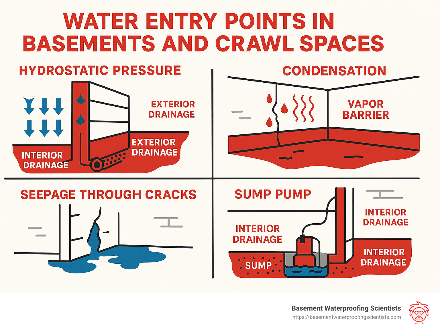 Comprehensive diagram showing water entry points in basements and crawlspaces, including hydrostatic pressure through foundation walls, seepage through cracks, condensation issues, and proper waterproofing solutions including interior and exterior drainage systems, vapor barriers, and sump pump installations - Basement and crawlspace waterproofing infographic 