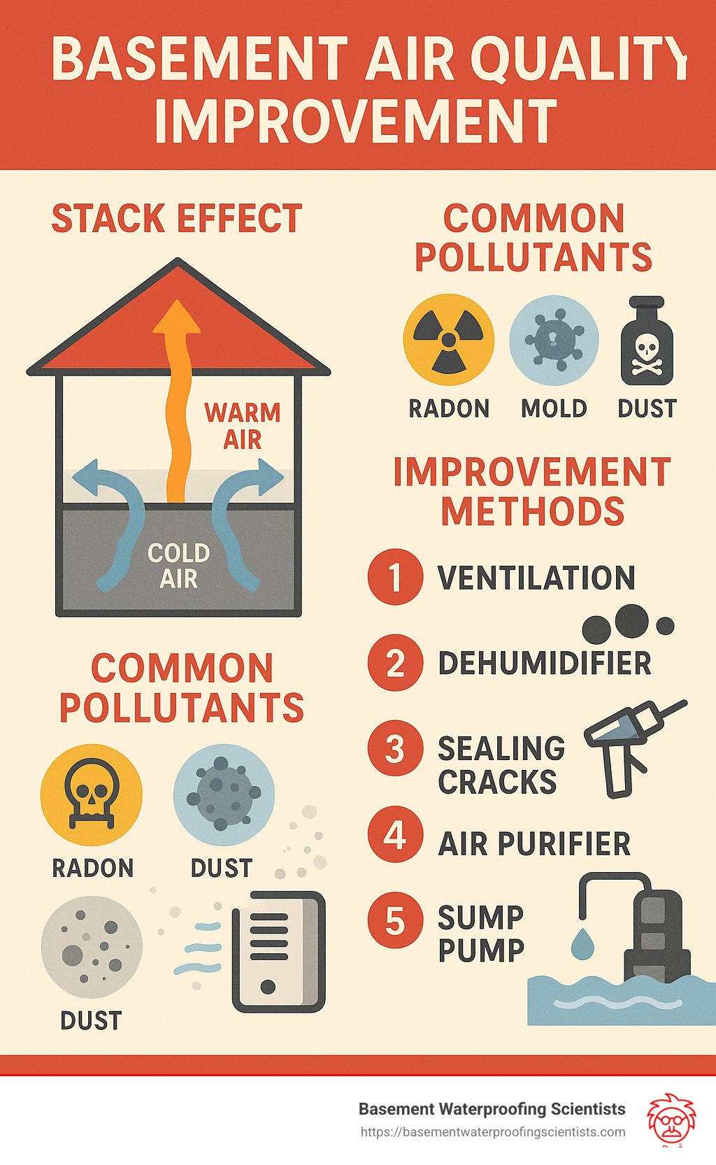 Basement air quality improvement infographic showing the stack effect, common pollutants, and five key improvement methods - Basement air quality improvement infographic 