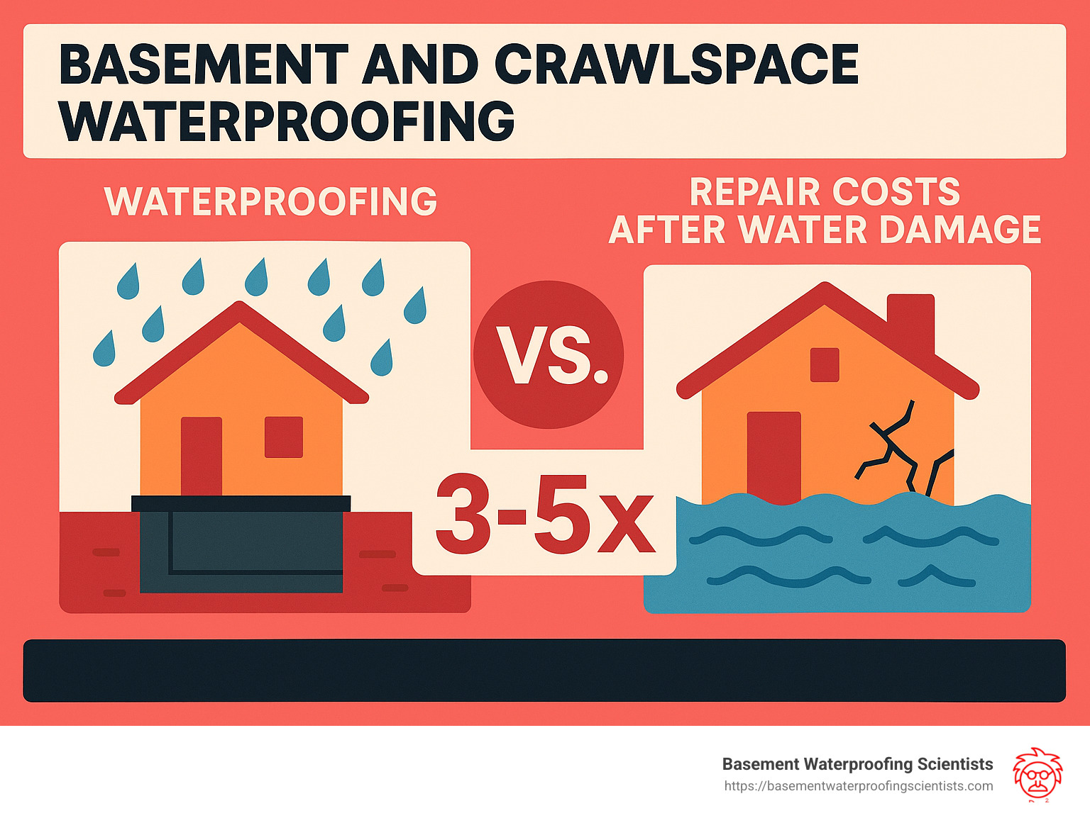 Statistics on waterproofing costs versus repair costs after water damage, showing that preventative waterproofing is 3-5 times less expensive than repairing water damage after it occurs - Basement and crawlspace waterproofing infographic 