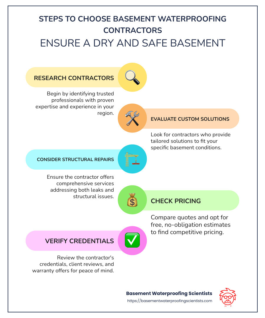 Infographic on Steps to Choose Waterproofing Contractors - basement waterproofing contractors near me infographic infographic-line-5-steps-colors