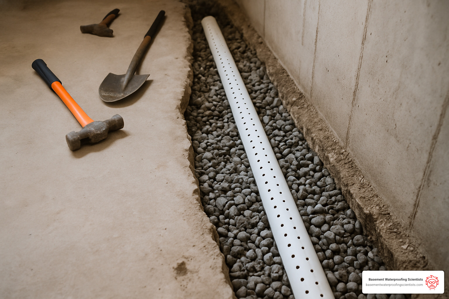 French drain installation in progress - basement waterproofing delaware county pa