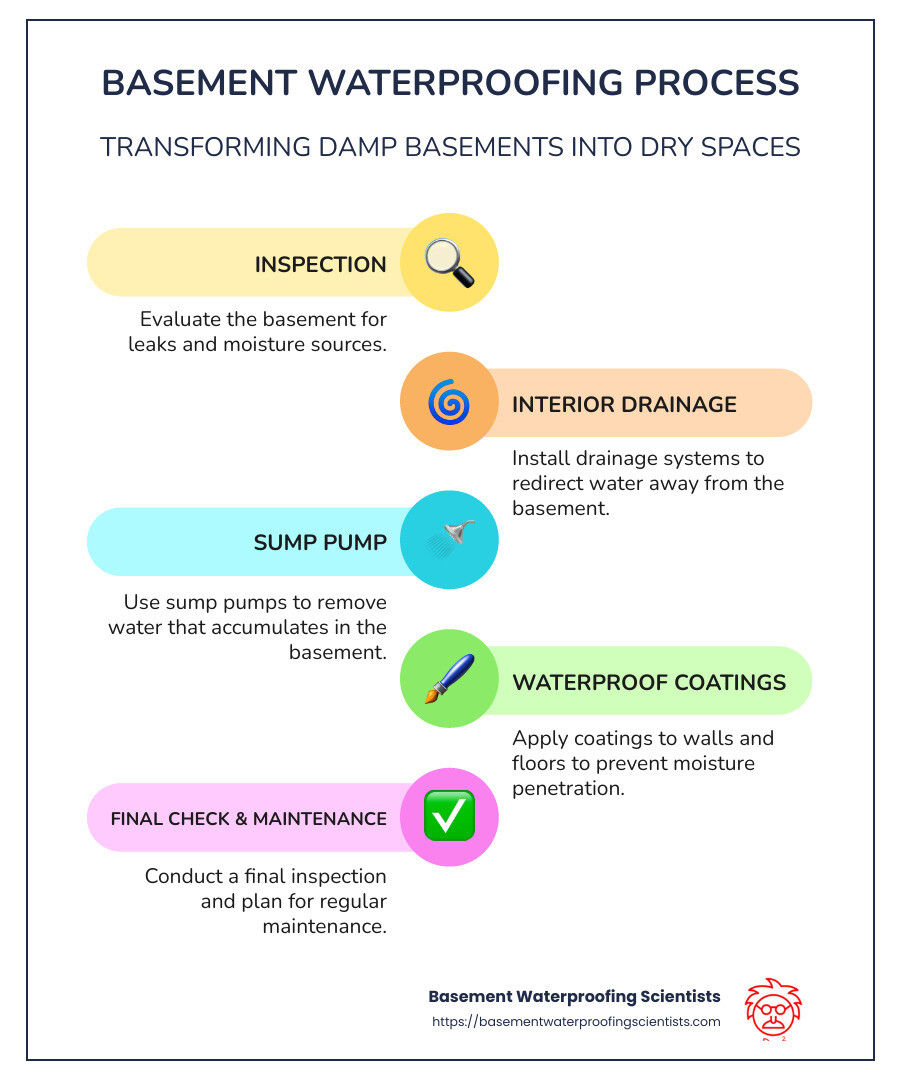 Infographic describing basement waterproofing processes, including methods like interior drainage and waterproof coatings, alongside their benefits - basement waterproofing specialists near me infographic infographic-line-5-steps-colors