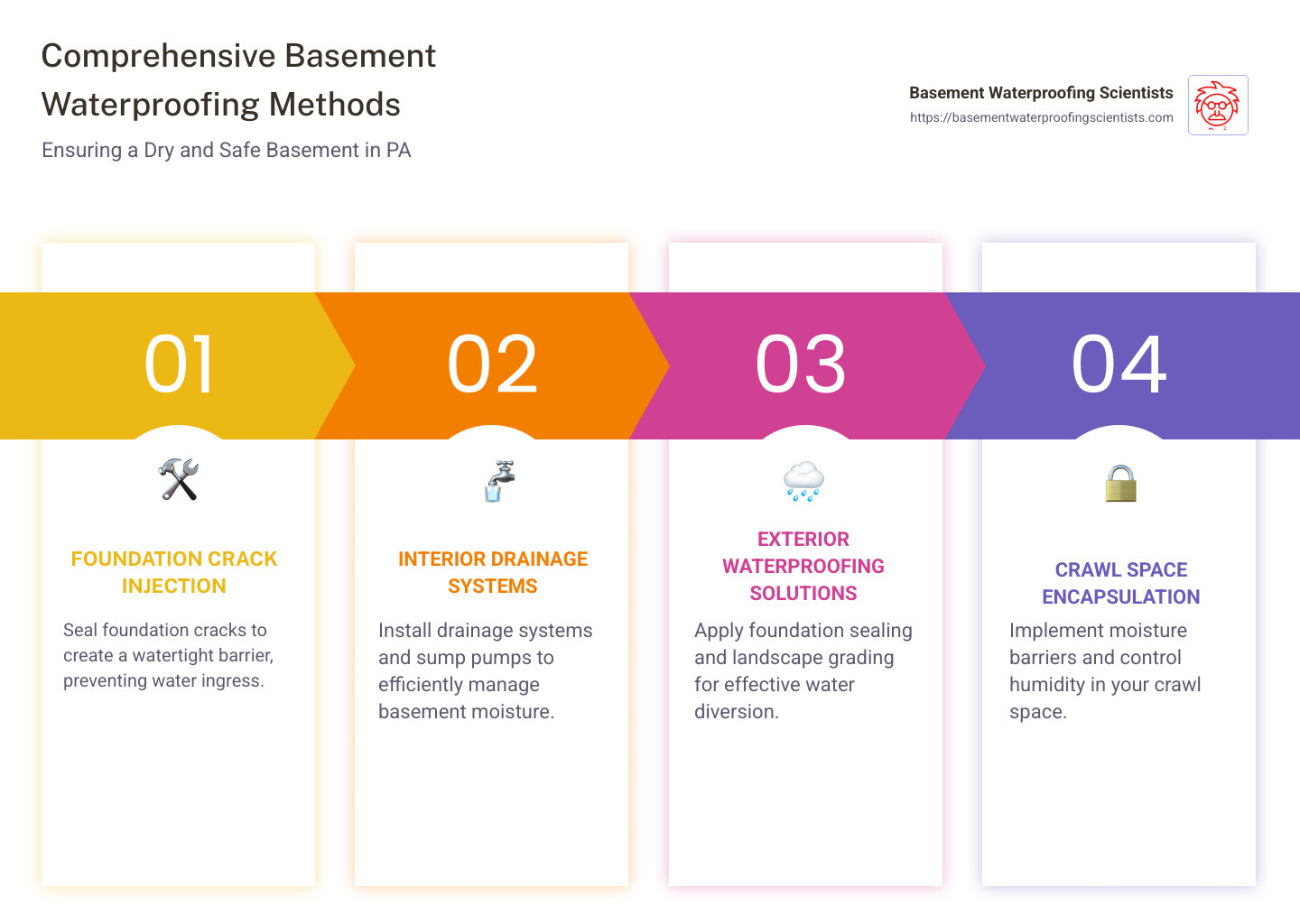 Detailed infographic of various basement waterproofing methods and their benefits for homeowners in Pennsylvania. - Basement Waterproofing PA infographic pillar-4-steps